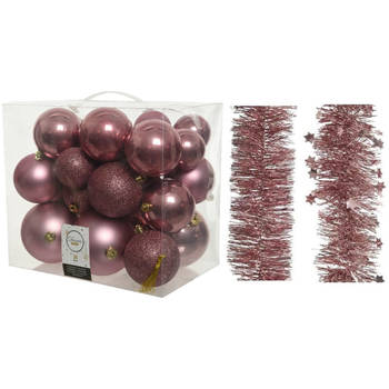Kerstversiering kunststof kerstballen 6-8-10 cm met folieslingers pakket oud roze van 28x stuks - Kerstbal