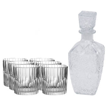Glazen whisky/water karaf 900 ml met 6x whiskyglazen 310 ml - Whiskeykaraffen