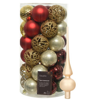 Kunststof kerstballen 37x- rood/goud/parel/groen - 6cm -en glazen piek - Kerstbal