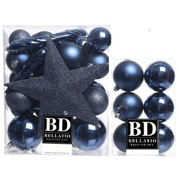 Kerstversiering kunststof kerstballen met piek donkerblauw 5-6-8 cm pakket van 45x stuks - Kerstbal