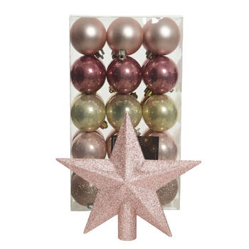 Kerstballen 30x roze/champagne- 6cm -en ster piek lichtroze- kunststof - Kerstbal