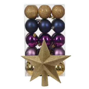 Kerstballen 30x - goud/blauw/paars- 6 cm -en ster piek goud - kunststof - Kerstbal