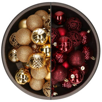 74x stuks kunststof kerstballen mix donkerrood en goud 6 cm - Kerstbal