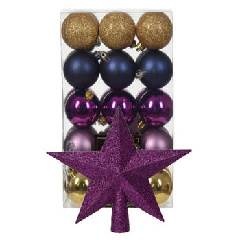 Kerstballen 30x - goud/blauw/paars- 6 cm -en ster piek paars- kunststof - Kerstbal