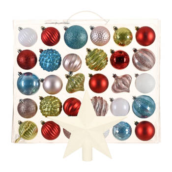 Kerstballen 30x st - gekleurd - 6 cm - met ster piek wit - kunststof - Kerstbal