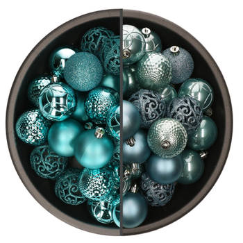 74x stuks kunststof kerstballen mix turquoise blauw en ijsblauw 6 cm - Kerstbal