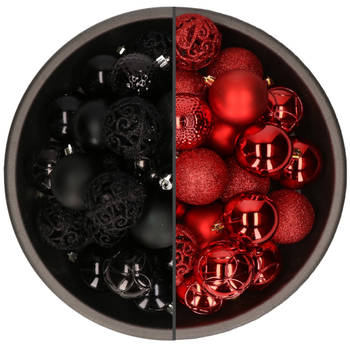 74x stuks kunststof kerstballen mix rood en zwart 6 cm - Kerstbal