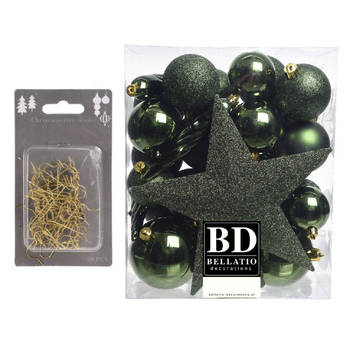 33x stuks kunststof kerstballen 5, 6 en 8 cm donkergroen inclusief ster piek en kerstbalhaakjes - Kerstbal