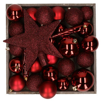 Kunststof kerstballen - 45x stuks - met ster piek - donkerrood - Kerstbal
