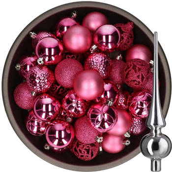 37x stuks kunststof kerstballen fuchsia roze 6 cm incl. glazen piek zilver - Kerstbal