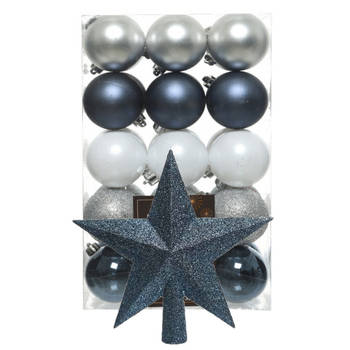 Kerstballen 30x - 6 cm - met ster piek - blauw/wit/zilver -kunststof - Kerstbal