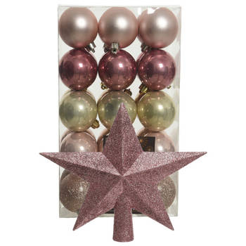 Kerstballen 30x roze/champagne- 6cm -en ster piek oudroze- kunststof - Kerstbal