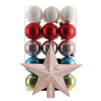 Kerstballen 30 st - gekleurd - 6 cm - met ster piek lichtroze - kunststof - Kerstbal