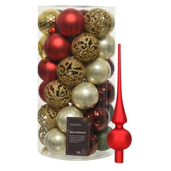 Kunststof kerstballen 37x- rood/goud/parel/groen - 6cm -en glazen piek - Kerstbal