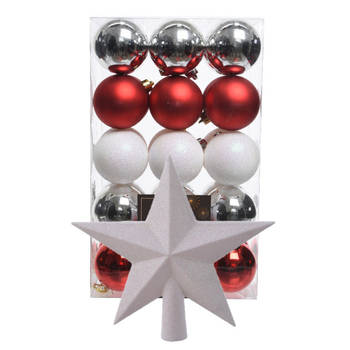 Kerstballen 30x -6cm -en ster piek -parelmoer wit/rood/zilver-kunststof - Kerstbal
