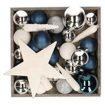 Kunststof kerstballen - 45x stuks - met ster piek - blauw,wit,zilver - Kerstbal