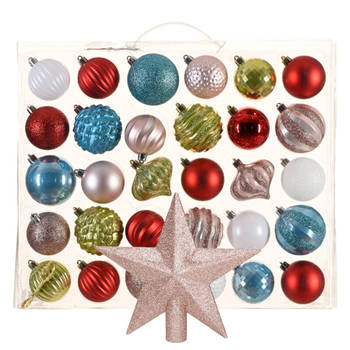 Kerstballen 30x st - gekleurd - 7 cm - met ster piek lichtroze - kunststof - Kerstbal