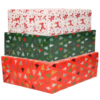 Bellatio Decorations - 12x luxe kerst cadeaupapier rollen in 3-stijlen - Cadeaupapier