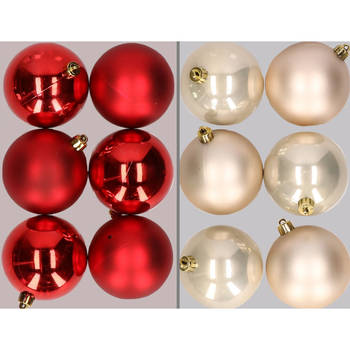 12x stuks kunststof kerstballen mix van rood en champagne 8 cm - Kerstbal