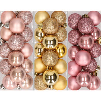 42x Stuks kunststof kerstballen mix goud/lichtroze/oud roze 3 cm - Kerstbal