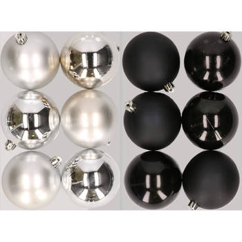 12x stuks kunststof kerstballen mix van zilver en zwart 8 cm - Kerstbal