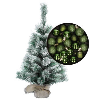 Besneeuwde mini kerstboom/kunst kerstboom 35 cm met kerstballen groen - Kunstkerstboom