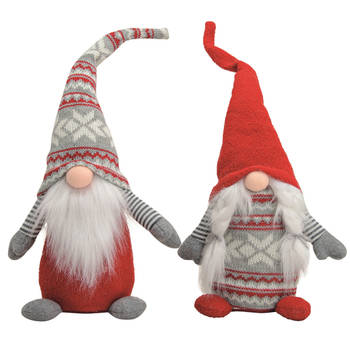Set van 2x Pluche gnome/dwerg decoratie poppen/knuffels rood/grijs - Kerstman pop