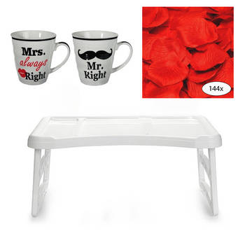 Bedtafel en Koffiebeker set - Mr Right en Mrs Always Right - Valentijn cadeautje voor hem / haar - Dienbladen