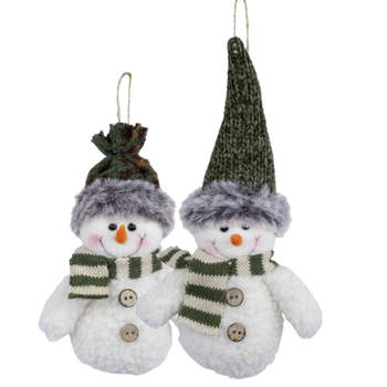 Kersthangers/kerstornamenten sneeuwpop knuffeltjes - 2x- 15 cm -pluche - Kersthangers