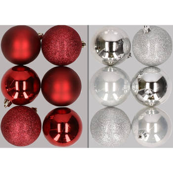 12x stuks kunststof kerstballen mix van donkerrood en zilver 8 cm - Kerstbal