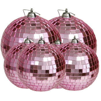 Grote discobal kerstballen - 6x stuks - roze - 8 en 10 cm - kunststof - Kerstbal