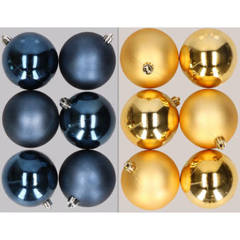 12x stuks kunststof kerstballen mix van donkerblauw en goud 8 cm - Kerstbal