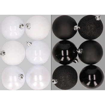 12x stuks kunststof kerstballen mix van wit en zwart 8 cm - Kerstbal