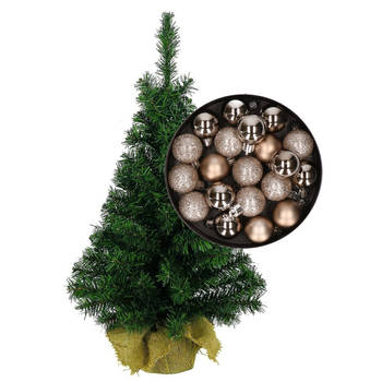 Mini kerstboom/kunst kerstboom H75 cm inclusief kerstballen champagne - Kunstkerstboom