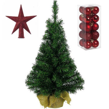 Volle kunst kerstboom 45 cm in jute zak inclusief rode versiering 21-delig - Kunstkerstboom