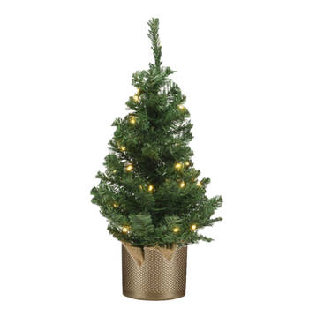 Kunst kerstboom/kunstboom 75 cm met verlichting inclusief gouden pot - Kunstkerstboom