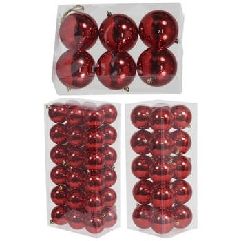 Kerstversiering kunststof kerstballen rood 6-8-10 cm pakket van 62x stuks - Kerstbal