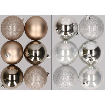 12x stuks kunststof kerstballen mix van champagne en zilver 8 cm - Kerstbal