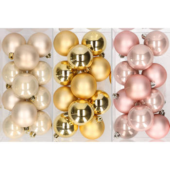 36x stuks kunststof kerstballen mix van champagne, goud en lichtroze 6 cm - Kerstbal