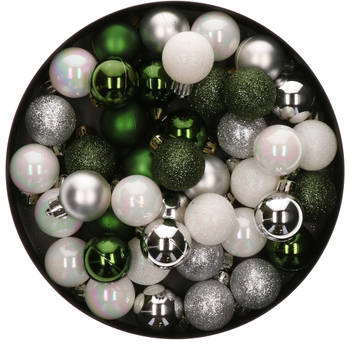 42x Stuks kunststof kerstballen mix wit/zilver/donkergroen 3 cm - Kerstbal