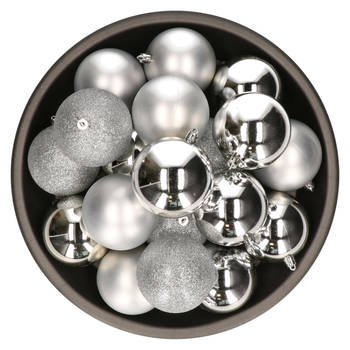 Kerstballen - 25x stuks - zilver - 8 cm - kunststof - kerstversiering - Kerstbal