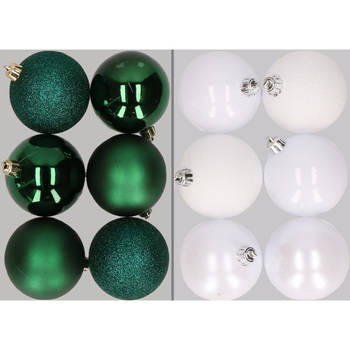 12x stuks kunststof kerstballen mix van donkergroen en wit 8 cm - Kerstbal