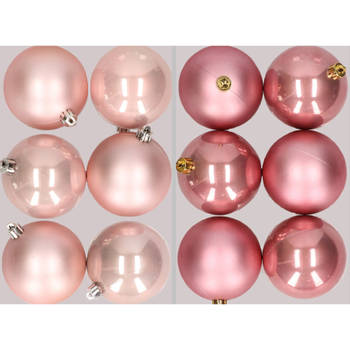 12x stuks kunststof kerstballen mix van lichtroze en oudroze 8 cm - Kerstbal