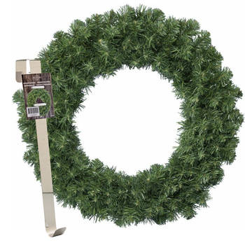 Kerstkrans 35 cm - groen - met messing zilveren hanger/ophanghaak - kerstversiering - Kerstkransen
