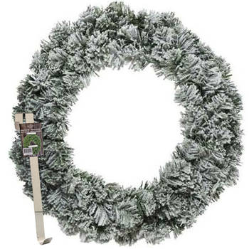 Kerstkrans 60 cm - groen - besneeuwd - met messing zilveren hanger/ophanghaak - kerstversiering - Kerstkransen