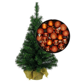 Mini kerstboom/kunst kerstboom H45 cm inclusief kerstballen oranje - Kunstkerstboom