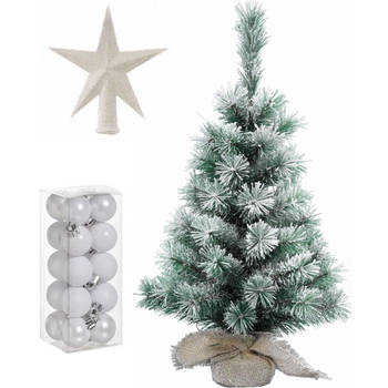 Kunst kerstboom met sneeuw 35 cm in jute zak inclusief witte versiering 21-delig - Kunstkerstboom