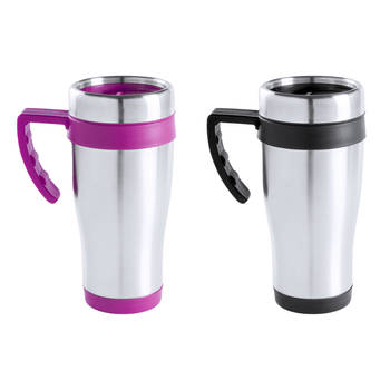 Warmhoudbekers/thermos isoleer koffiebekers/mokken - 2x stuks - RVS - zwart en roze - 450 ml - Thermosbeker