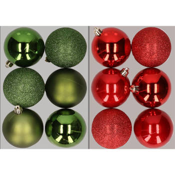 12x stuks kunststof kerstballen mix van appelgroen en rood 8 cm - Kerstbal