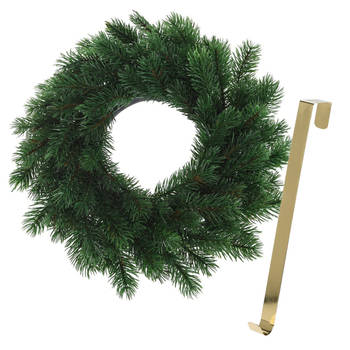 Kerstkrans 35 cm - groen - met gouden hanger/ophanghaak - kerstversiering - Kerstkransen
